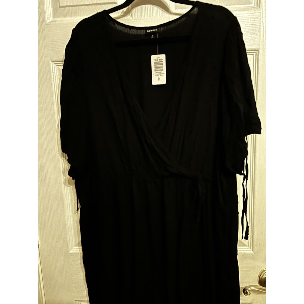 NWT Torrid 4 Dress 26 Midi Swiss Linen Surplice Wrap Dress V-Neck Wrap Tie Black - Picture 4 of 16